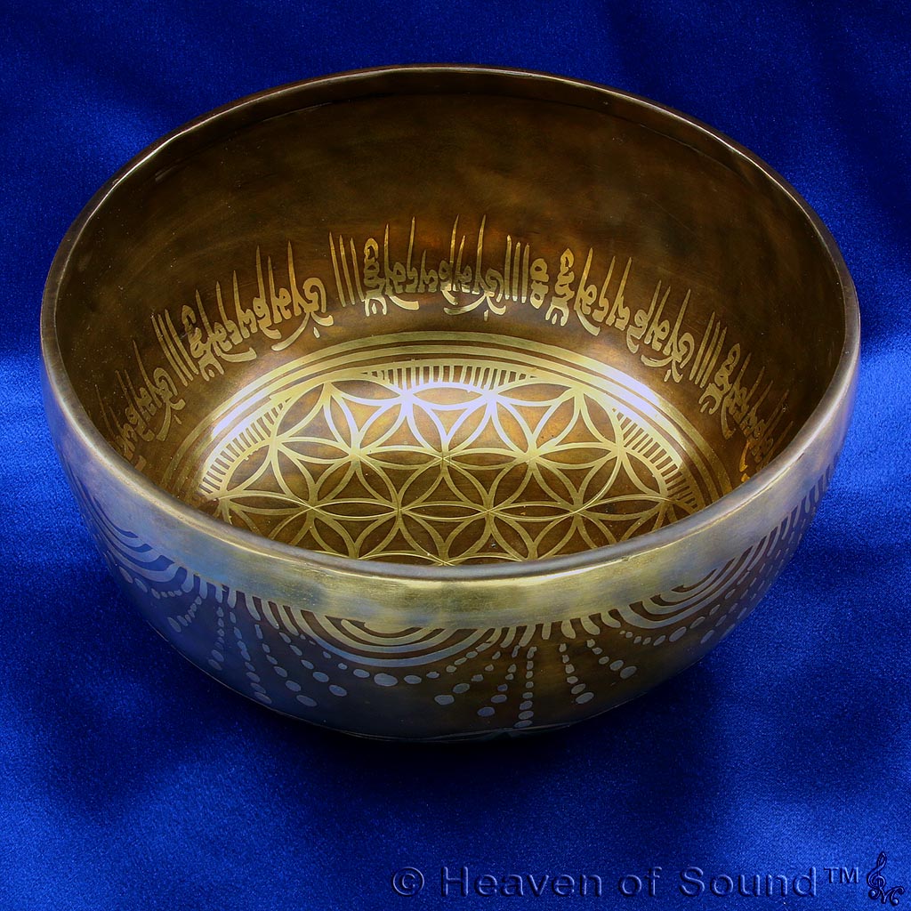 Beautiful etched Singing Bowl #6121 "RootChakra" for basic trust & stability at Heaven of Sound
